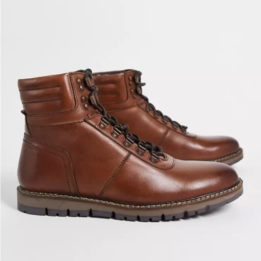 Silver Street leather hiker boots in brown with suede collar